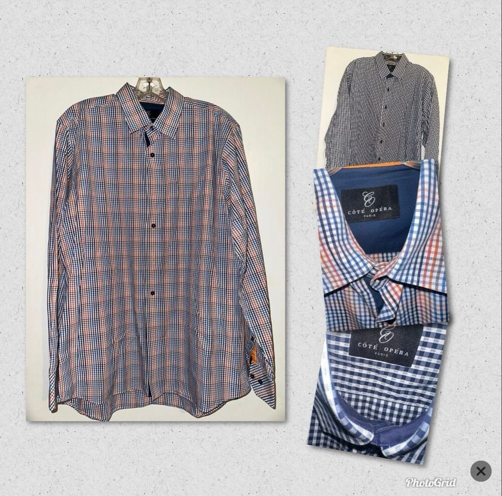 Cote Opera Paris Formal Shirt button down blue orange gingham men’s size 17 43 T